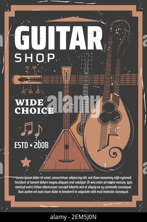 Strumenti a corda di musica folk con note musicali vettoriali design della chitarra negozio. Balalaika russa, chitarra inglese citra, tar e arpa mandolino con Illustrazione Vettoriale