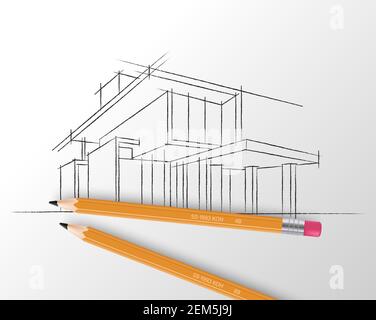 Schizzo dell'architettura della casa. Illustrazione del vettore di residenza di handrawing. Disegno vettoriale delle matite e dello schizzo di costruzione Illustrazione Vettoriale