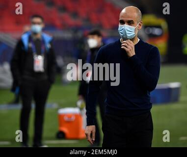 L'allenatore Pep Guardiola di Manchester City prima del round UEFA Europa League del 16, prima partita di tappa alla Puskas Arena di Budapest. Data immagine: Mercoledì 24 febbraio 2021. Foto Stock