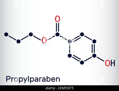 Butilparaben, p-idrossibenzoato di butile, molecola di butil paraben. È paraben, conservante antimicrobico in cosmesi. Formula chimica scheletrica. Vect Illustrazione Vettoriale