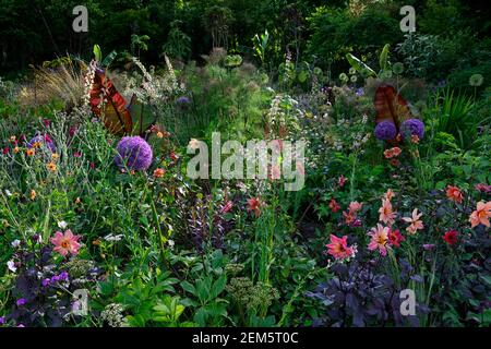 Ensete ventricosum Maureli,Allium globemaster,Foeniculum vulgare purpureum,finocchio di bronzo,foglie,fogliame,allumi,linaria peachy,dahlia happy single fl Foto Stock