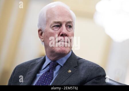 Washington, Stati Uniti. 24 Feb 2021. Il Sen. John Cornyn, R-Texas, partecipa all'audizione di conferma del Comitato di intelligence del Senato per William Burns, nominato direttore dell'Agenzia di intelligence centrale, a Russell Senate Office Building a Capitol Hill a Washington, DC il 24 febbraio 2021. Foto in piscina di Tom Williams/UPI Credit: UPI/Alamy Live News Foto Stock