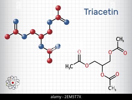 Triacetina, molecola di triacetato di glicerina. È trigliceride, triestere di glicerolo, additivo alimentare, E1518. Formula chimica strutturale, modello molecolare. Illustrazione Vettoriale