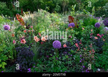 Ensete ventricosum Maureli,Allium globemaster,Foeniculum vulgare purpurpureum,finocchio di bronzo,foglie,amore e desideri di salvia,fogliame,allumi,linaria pelosi Foto Stock