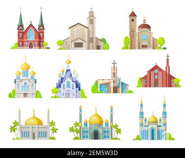 Religione costruire icone vettoriali con chiese, templi e moschee, sinagoga, cattedrale e monastero con torri, croci, cappelle e mezzaluna. Musl Illustrazione Vettoriale