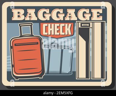 Controllo bagagli o bagagli disegno vettoriale del nastro trasportatore checkpoint di sicurezza aeroportuale con borse, valigie e telaio metal detector. Viaggio aereo, departu Illustrazione Vettoriale