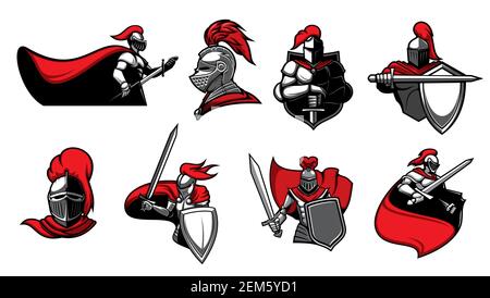 Cavalieri medievali con spade, icone vettoriali araldiche isolate. Guerrieri, paladini o guardie con lama in armatura e capo. Simboli eraldici del kni reale Illustrazione Vettoriale