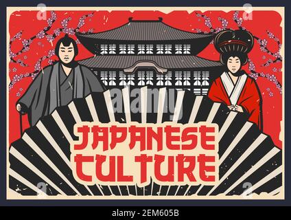 Cultura del Giappone, Kabuki tradizionale giapponese e teatro Noh disegno vettoriale. Samurai e geisha Kabuki attori in costumi kimono che eseguono Dance-dram Illustrazione Vettoriale