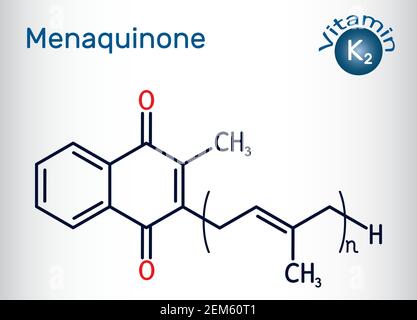 Vitamina K2, molecola di menaquinone. Menatetrenone, MK-4, MK-5, menachinon-7, MK-7, MK-9. Formula chimica scheletrica Illustrazione Vettoriale
