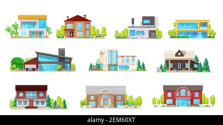 Case, ville immobiliari e case isolate icone vettoriali. Cartoon Village edifici residenziali e proprietà privata architettura, palazzi, città Illustrazione Vettoriale