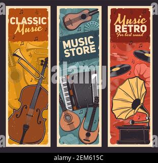 Strumenti musicali e gramofono d'epoca, design vettoriale di musica retrò. Drum, chitarra e tromba, dischi in vinile, note per suonatore e musicale, violoncello, accor Illustrazione Vettoriale