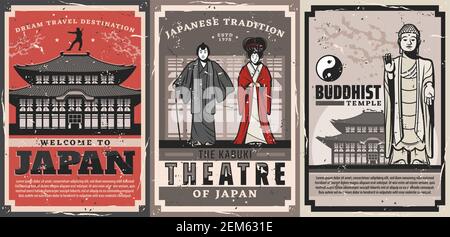Poster retrò vettore di viaggio per il Giappone. Tradizioni culturali giapponesi, vintage benvenuto in Giappone, geisha e samurai in kabuki teatro, buddista tempio religioso Illustrazione Vettoriale