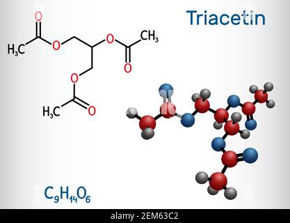 Triacetina, molecola di triacetato di glicerina. È trigliceride, triestere di glicerolo, additivo alimentare con numero e E1518. Formula chimica strutturale e. Illustrazione Vettoriale