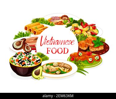 Cibo vietnamita piatti vettore icona. Riso vegetale asiatico, zuppa di noodle ai funghi e pho bo d'api, pesce e maiale al forno con pera, peperoni ripieni con che Illustrazione Vettoriale