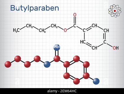 Butilparaben, p-idrossibenzoato di butile, molecola di butil paraben. È paraben, conservante antimicrobico in cosmesi. Foglio di carta in gabbia Illustrazione Vettoriale