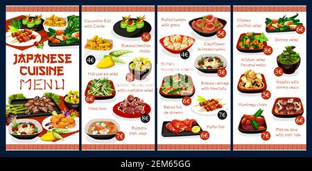 Modello vettoriale di copertina del menu della cucina giapponese. Ristorante cucina insalata di gamberi, carne di pollo e pesce al forno su spiedini. Cavolo brasato con tofu fritto Illustrazione Vettoriale