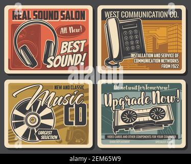 Poster vettoriali retrò per dispositivi e servizi tecnologici moderni. DJ apparecchiature audio e musica CD negozio di dischi, telefono e reti di comunicazione installati Illustrazione Vettoriale