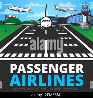 Pista con poster vettoriale piano di atterraggio. L'aeroplano si allontana o decolli dall'aerostazione dell'aeroporto con l'edificio del terminal, gli aeroplani volanti e il traino di controllo Illustrazione Vettoriale
