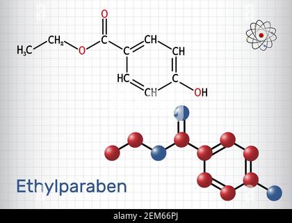 Etilparaben, etilparaben, molecola di etil para-idrossibenzoato. Si tratta di estere etilico, parabene, fitoestrogeno, conservante antifungino, E214. Foglio di Illustrazione Vettoriale