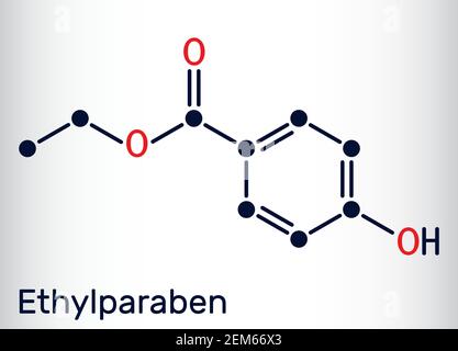 Etilparaben, etilparaben, molecola di etil para-idrossibenzoato. Si tratta di estere etilico, parabene, fitoestrogeno, conservante antifungino, E214. Scheletrico Illustrazione Vettoriale