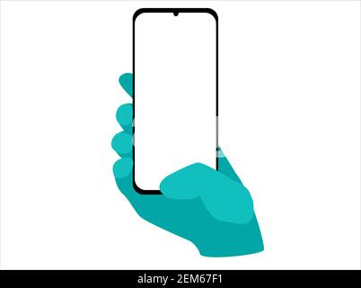 guanti da mano che tengono lo smartphone con schermo vuoto bianco. schermo blu, illustrazione vettoriale. stile piatto. Illustrazione Vettoriale