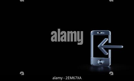 rendering 3d del simbolo di vetro smerigliato dello smartphone con in freccia isolata su sfondo nero con riflessi sfocati sul pavimento Foto Stock