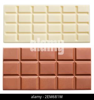 Barrette di cioccolato al latte scure e chiare isolate su sfondo bianco con tracciato di ritaglio Foto Stock