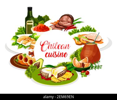 Cucina cilena, piatti tradizionali a pranzo e a cena, autentico menu vettoriale del ristorante. Tè cileno mate, filetto di maiale con mele e manzo Illustrazione Vettoriale