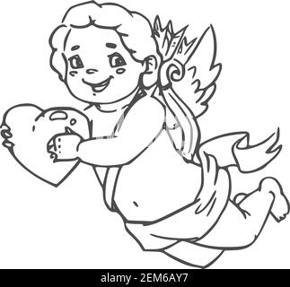 Sorridente Cherub con cuore in mani isolato Cupido. Vettore San Valentino simbolo giorno Amur alato ragazzo Illustrazione Vettoriale