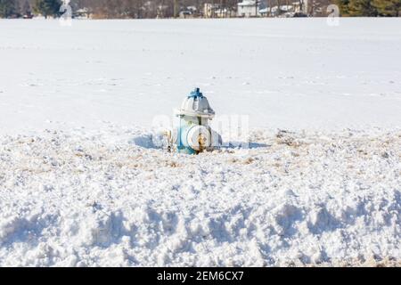 Idrante antincendio coperto di neve durante l'inverno. Concetto di sicurezza antincendio, approvvigionamento idrico e tempo invernale. Foto Stock