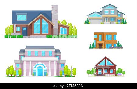 Immobili di icone vettoriali. Case a due piani, cottage, villa e bungalow, palazzo e casa cittadina con porte anteriori, finestre, tetti e. Illustrazione Vettoriale