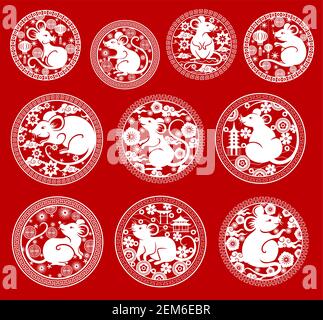 Icone vettoriali di ratto di Capodanno cinese. Mouse papercut simboli di zodiaco animale o oroscopo, lanterne asiatiche, pagode e fiori di prugne in fiore, monete e. Illustrazione Vettoriale