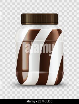 Panna di latte e cioccolato spalmato vaso di vetro mockup cibo, vettore. Caramello, burro di arachidi, noce e pasta di cacao pacchetto realistico su sfondo trasparente Illustrazione Vettoriale