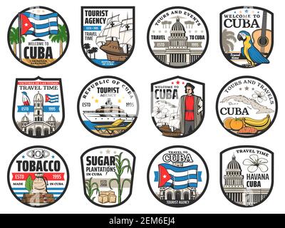 Cuba Travel, i monumenti dell'Avana e le icone vettoriali dei tour della città. Benvenuti a Cuba, storia e turismo culturale, piantagioni di zucchero e sigari di tabacco, cru di mare Illustrazione Vettoriale