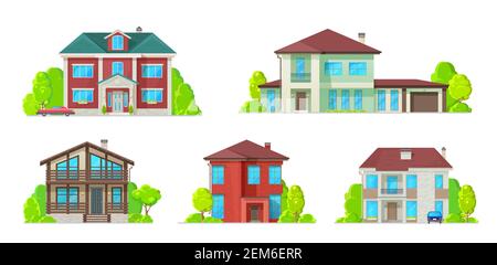 Case ed edifici residenziali, ville e ville, icone vettoriali immobiliari. Casa familiare, appartamenti duplex e casa cittadina, proprietà privata, log Illustrazione Vettoriale