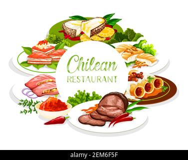 Ristorante di cucina cilena menu vettore copertina. Autentica cucina tradizionale piatti di cibo. Tè cileno mate, pasta cannelloni con funghi, spigola f Illustrazione Vettoriale