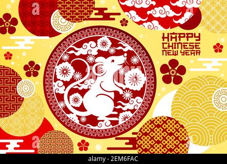 Felice anno nuovo cinese, ornamenti tradizionali e simboli di celebrazione della Cina. Segno cinese del ratto di Capodanno con ornamenti floreali, monete e motivi nuvole Illustrazione Vettoriale