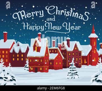 Case di Natale vettore biglietto d'auguri di vacanze invernali notte città con luci di Natale. Paesaggio urbano nevoso di festosa strada della città con case, alberi di pino An Illustrazione Vettoriale