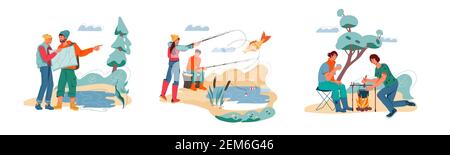 Set di turisti e campeggiatori, personaggi cartoni animati escursionisti, immagine vettoriale piatta isolato su sfondo bianco. Uomini e donne che camminano e riposano in somma Illustrazione Vettoriale