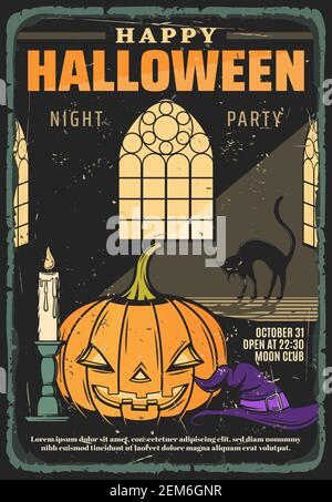 Zucca di Halloween, cappello di strega e gatto nero spaventoso, candela e lanterna di mostro horror nel disegno vettoriale di casa infestata. Halloween notte trucco o trattare par Illustrazione Vettoriale