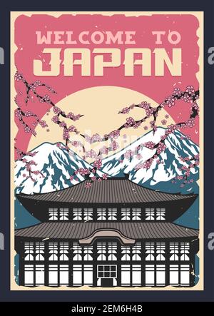 Viaggio in Giappone, poster vintage vettoriale delle tradizioni culturali giapponesi e famosi monumenti storici. Benvenuti in Giappone, Monte Fuji di Tokyo e tradizionale buddista Illustrazione Vettoriale