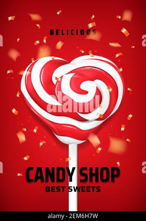 Caramella Lollipop a forma di cuore, disegno vettoriale di alimenti dolci negozio di dolciumi. Swirl lypop con le spirali candite di zucchero duro rosso e bianco su bastone di plastica Illustrazione Vettoriale