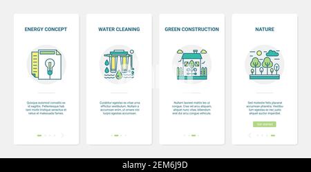 Illustrazione vettoriale della tecnologia del settore dell'energia verde. UX, UI onboarding mobile app page set con linea di purificazione dell'acqua industriale, costruzione ecologica per salvare l'ecologia, ambiente naturale Illustrazione Vettoriale