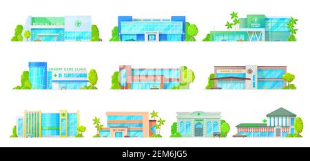 Edifici farmaceutici, cliniche mediche e veterinarie icone vettoriali isolate. Cartoon ospedali moderni, cure urgenti, progettazione di cliniche dentali e animali, ext Illustrazione Vettoriale