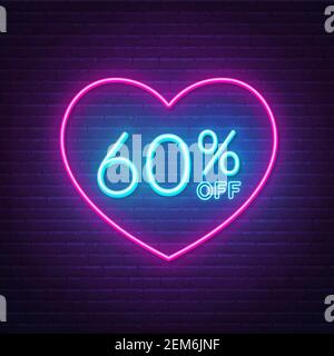 60% di sconto sul segnale al neon in una cornice a forma di cuore. Sconto di San Valentino illuminazione design . Illustrazione Vettoriale