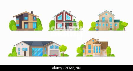 Case e edifici residenziali, icone vettoriali immobiliari. Casa familiare e palazzi, appartamenti duplex e ville in comune, proprietà privata della città a Illustrazione Vettoriale