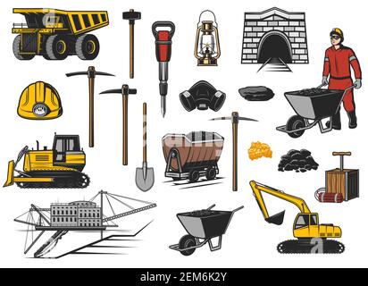 Icone vettoriali per le attrezzature dell'industria mineraria del carbone e del minerale. Dumper per miniera di carbone, casco minatore, pickasse, pala e lampada ad olio, oro e carbone di ferro, buca ex Illustrazione Vettoriale