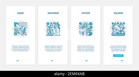 Mare oceano pesce mollusco illustrazione vettoriale. UX, UI onboarding mobile app page set con linea simboli di foca subacquea, calamari ostriche salmone di cavalluccio marino in acqua di mare, raccolta di animali marini Illustrazione Vettoriale