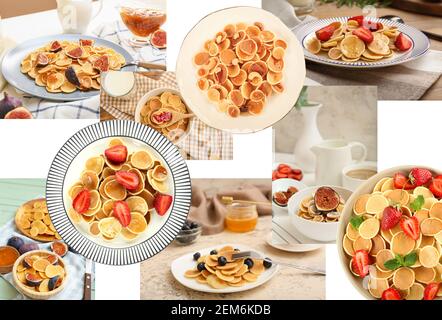 Collage di piatti con gustosi mini frittelle Foto Stock
