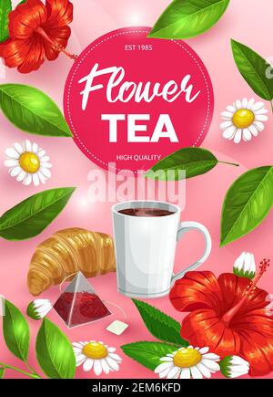 Tisana tisana con fiori e foglie verdi disegno vettoriale di bevanda calda. Sacchetto di tè a piramide floreale, tazza di bevanda calda con vapore e croissant, hibiscus A. Illustrazione Vettoriale